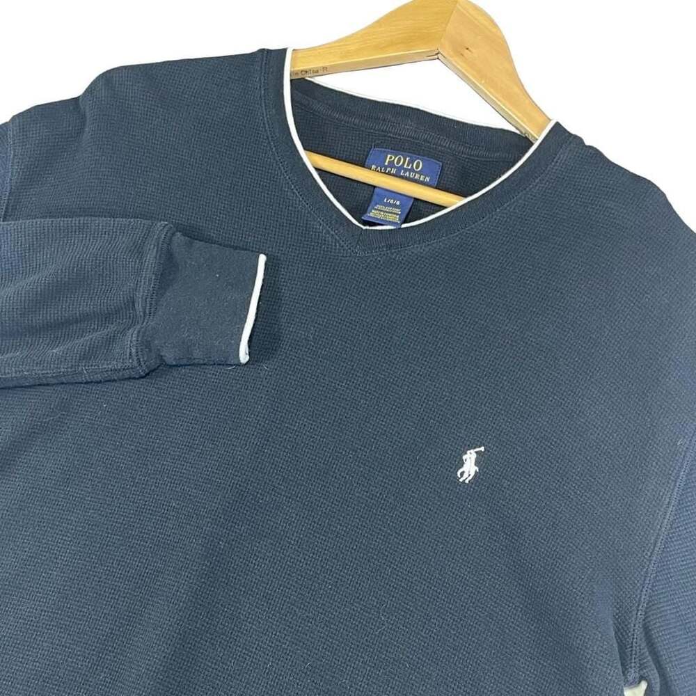 Polo Ralph Lauren Waffle Knit Thermal Long Sleeve V-Neck Shirt Black Size Large